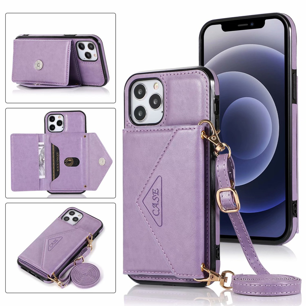 适用iPhone12promax斜挎手机壳苹果11挂绳皮套XS钱包插卡7p潮女壳