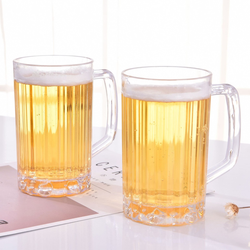 PS塑料啤酒杯 扎啤杯加厚带把透明啤酒扎杯 果汁饮料杯子