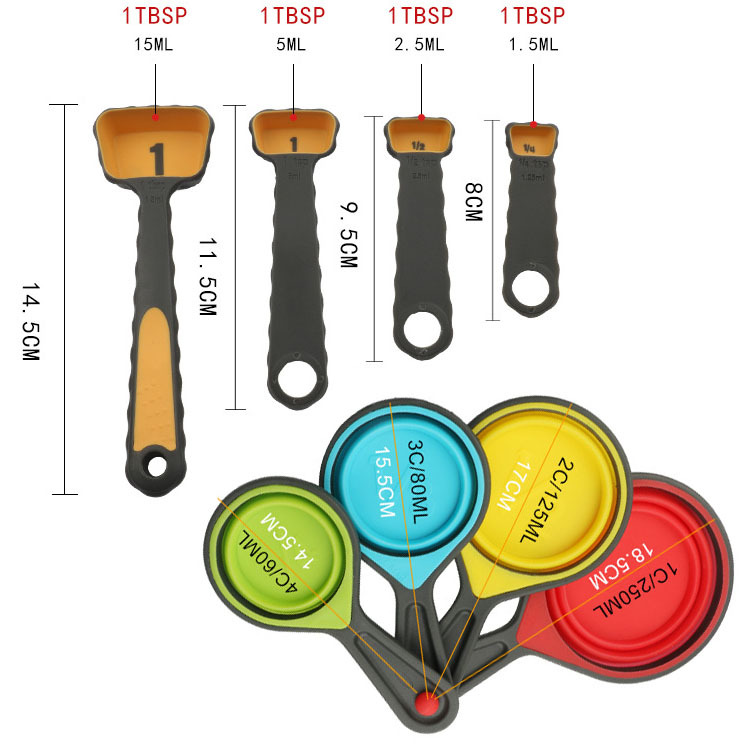 现货硅胶量杯量勺八件套收纳带刻度量勺硅胶量杯8件套装组合批发