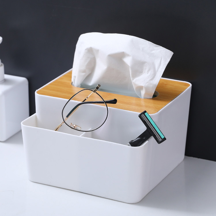 HOB6036 - Bamboo Lid Multifunction Tissue Box 多功能竹木盖纸巾盒创意桌面抽纸盒家用客厅简约塑料遥控器收纳盒