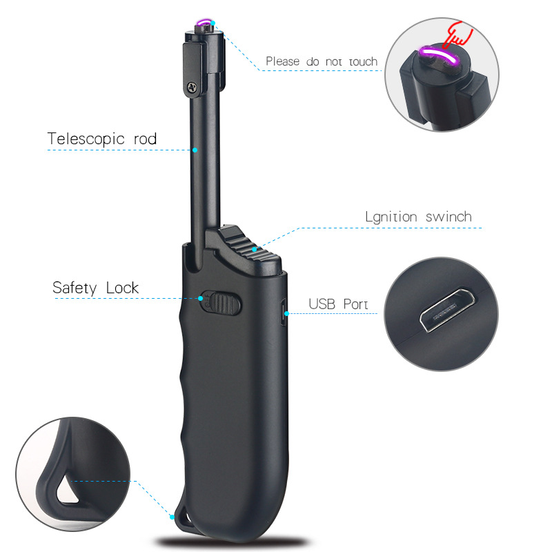 厂家直供JJ906拉杆电弧点火枪 可伸缩充电打火机厨用脉冲点烟器
