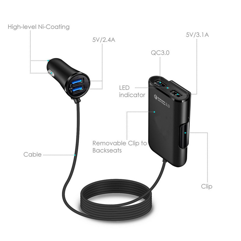 QC3.0前后座车载充电器快充8A一拖四 4USB带线多功能闪充四口车充