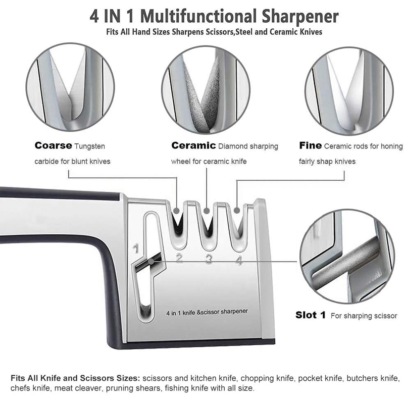 四合一不锈钢磨刀器 四段式手持式快速磨刀石棒可磨剪刀 防滑手柄