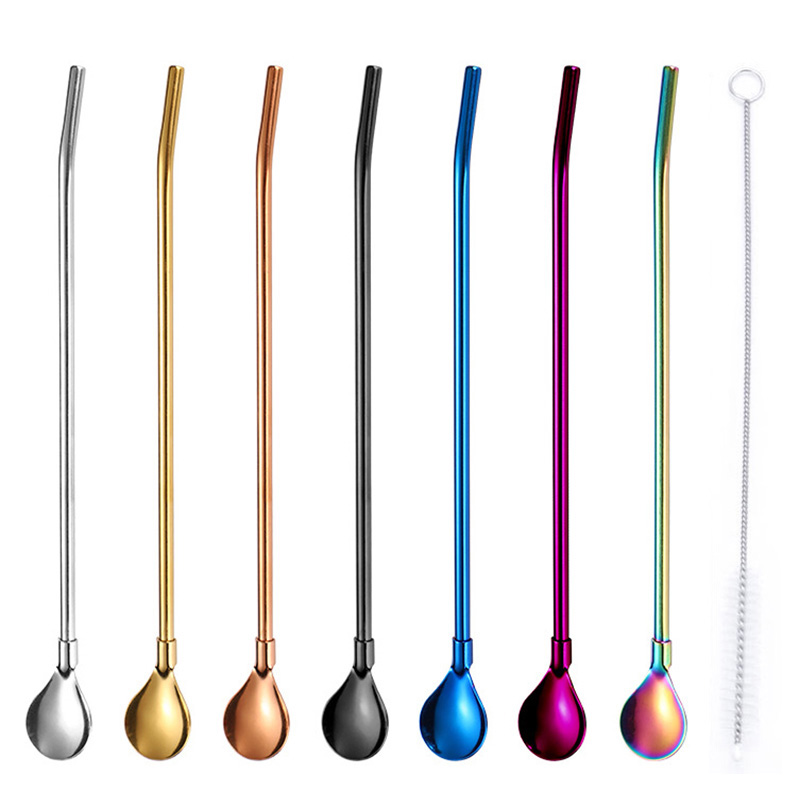 Colorful Stainless Steel Straw Spoon Set With Brush