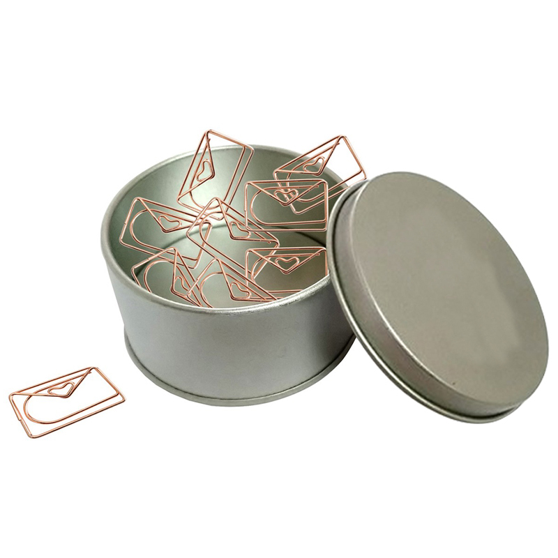 Envelope Shaped Paper Clips in Tin Container