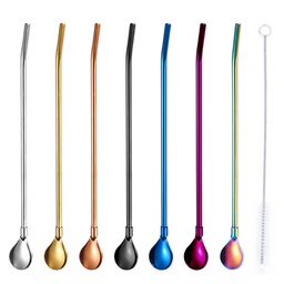Colorful Stainless Steel Straw Spoon Set With Brush